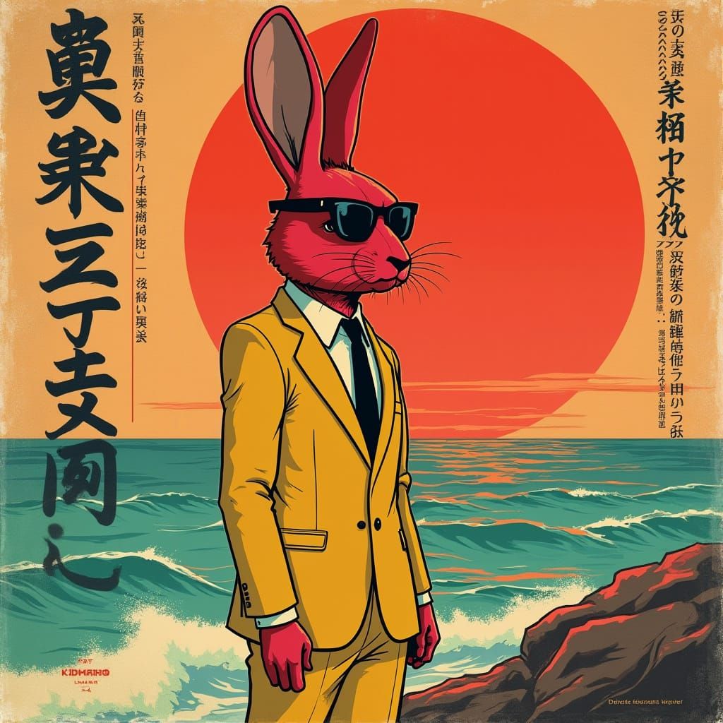 Mysterious Red Rabbit in Retro-Futuristic Landscape