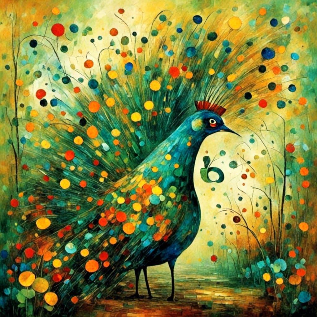 Peacock with Full Tail Feathers in Abstract Style