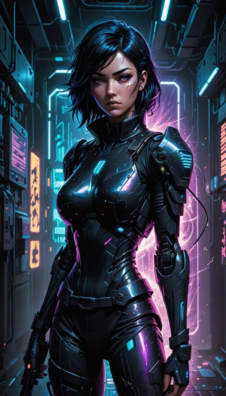 Cyberpunk Sci-Fi Commander in Dark Corridor