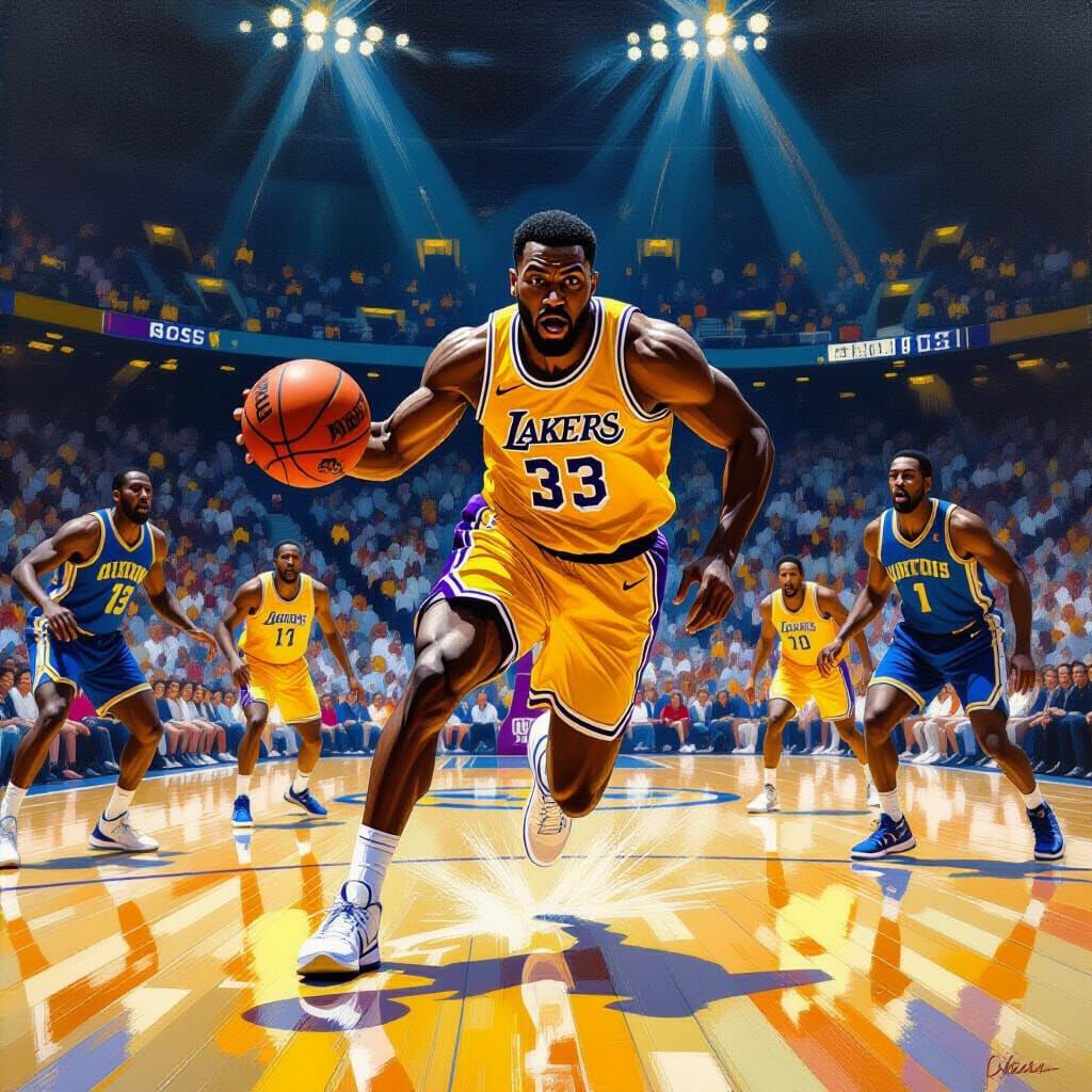 A man in midshot with a basketball about to across the polished wooden floor of the court. The other players trying to g...