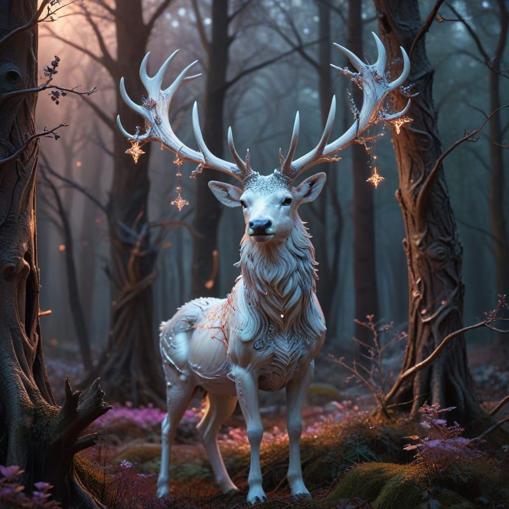 Majestic White Stag in Enchanted Forest with Magical Cross