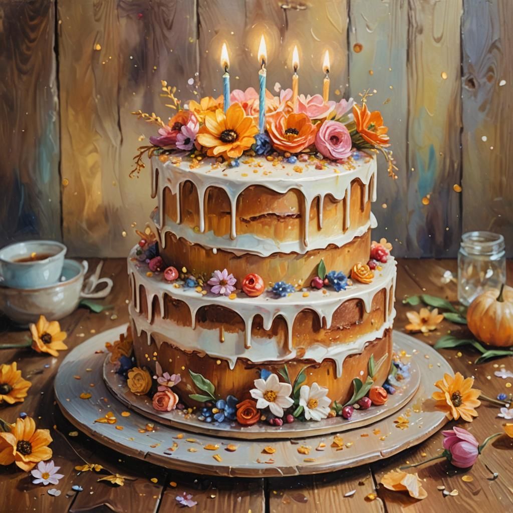Whimsical Oil Painting of Birthday Cake with Flowers