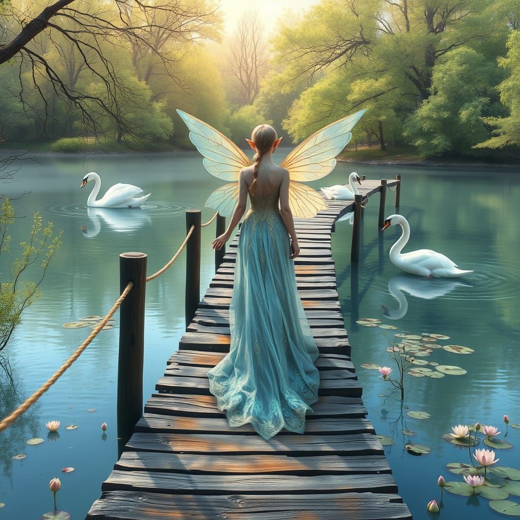 Ethereal Elf Maiden Walks Along Lake's Wooden Walkway