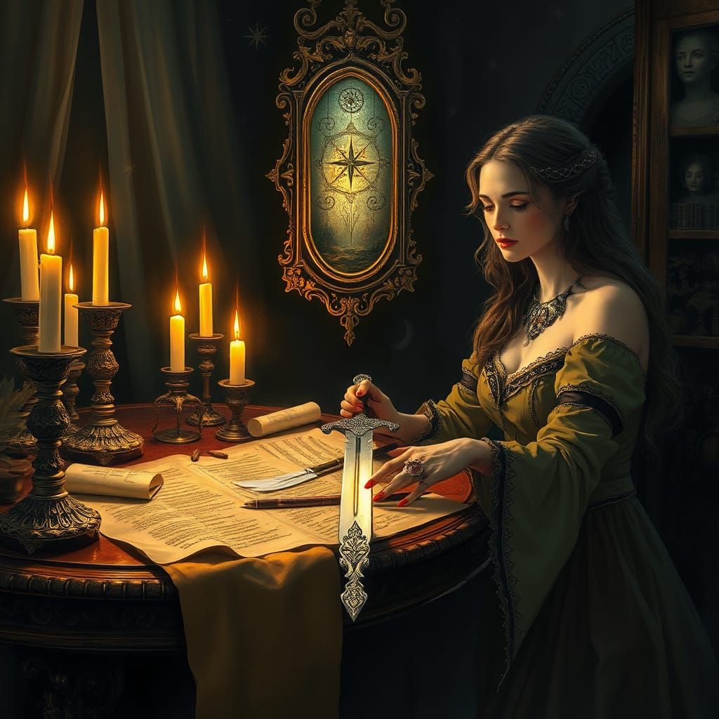 Mystical Woman at Ancient Table as Astral Hologram