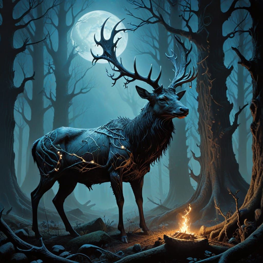 Ethereal Stag in Moonlit Forest, Adorned with Glowing Runes