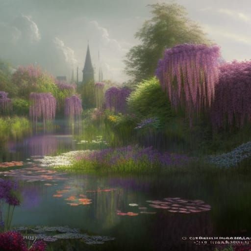 Fairycore Victorian Water Garden in Spring Sunlight