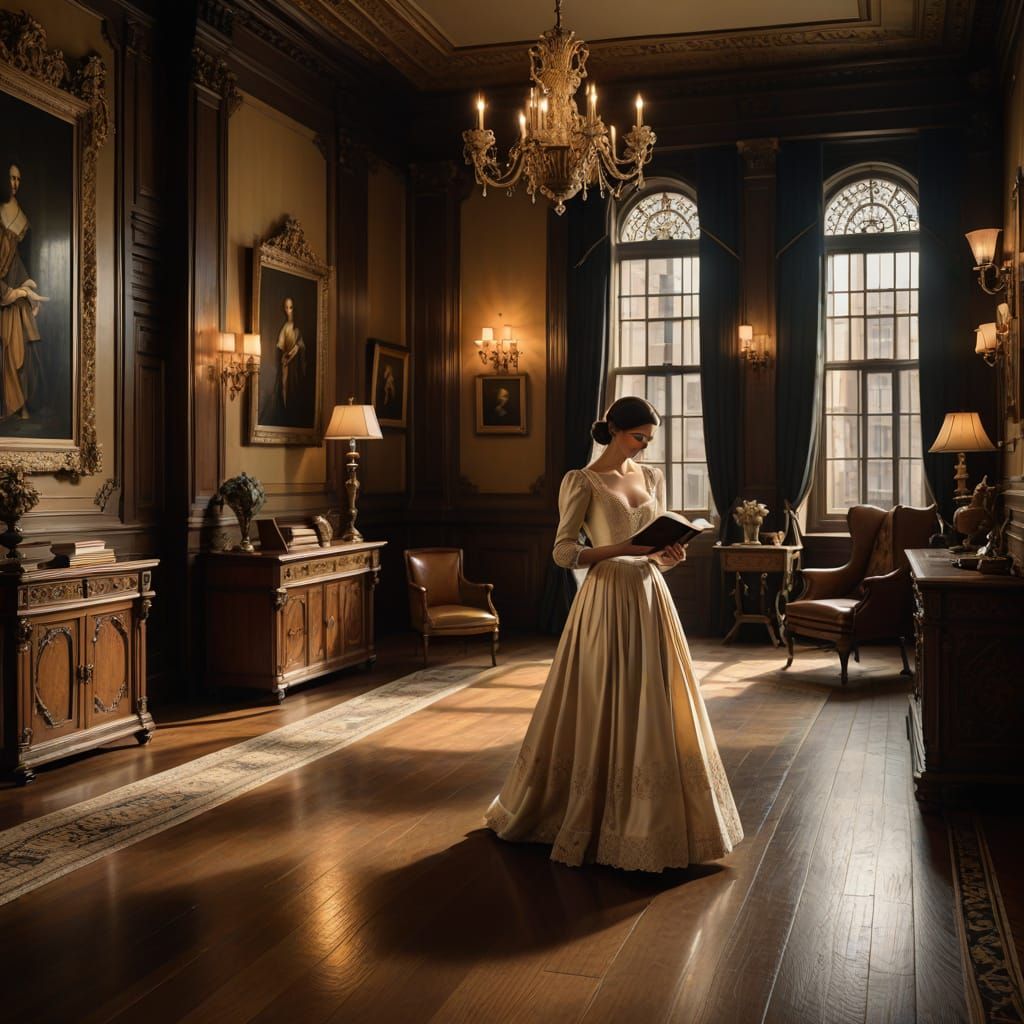 Elegant Woman Reads in a Vintage Study