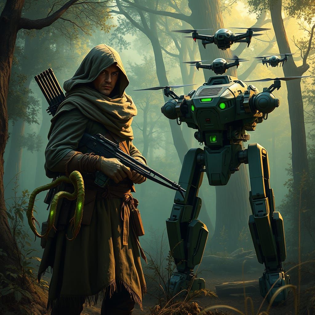 Woodland Ranger Surrounded by Ancient Forest and Cybernetic ...