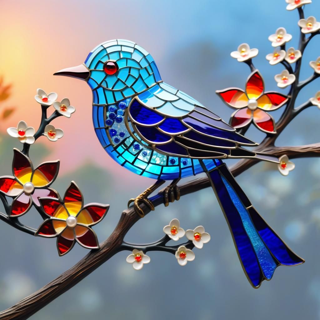 Mosaic stained glass art:: A luminous cute fluffy light blue...