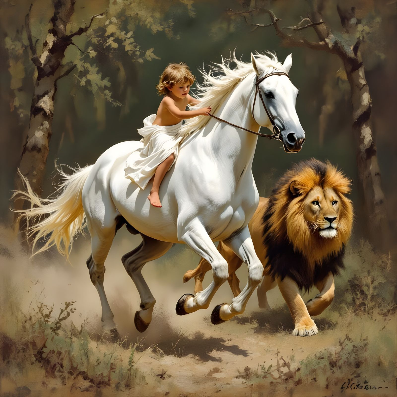Child on Horseback Pursued by Lion in Forest Painting