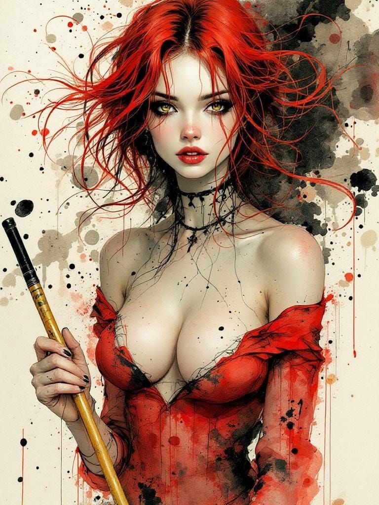 Confident Woman with Red Hair in Watercolor and Ink