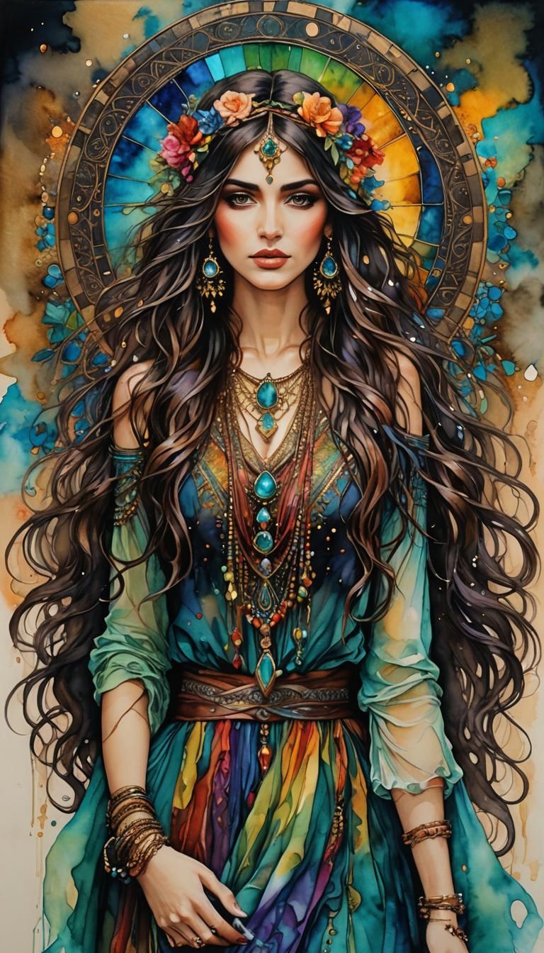 Bohemian Gypsy Scene in Alcohol Ink Style
