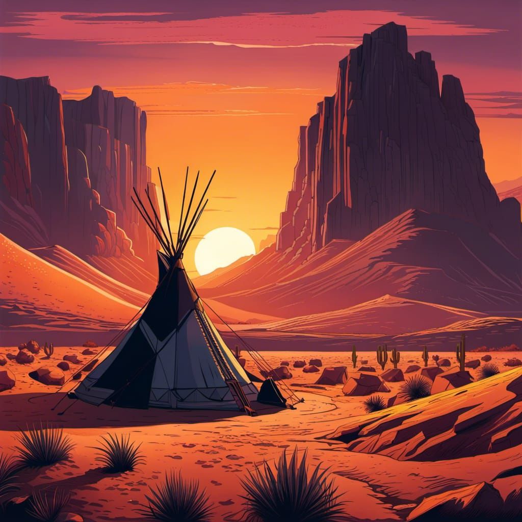 Desert Sunset Landscape Art in Golden Hour