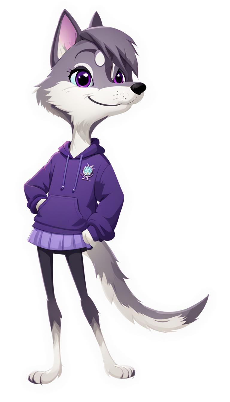 Anthropomorphic Grey Wolf Mascot: Violet in Purple Hoodie