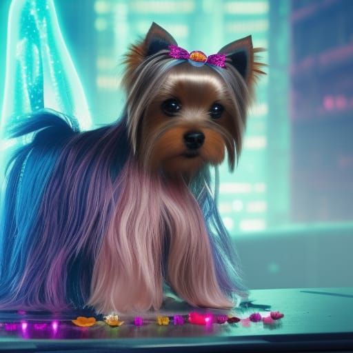 Yorkie Puppy with Ribbons in Cyberpunk Style