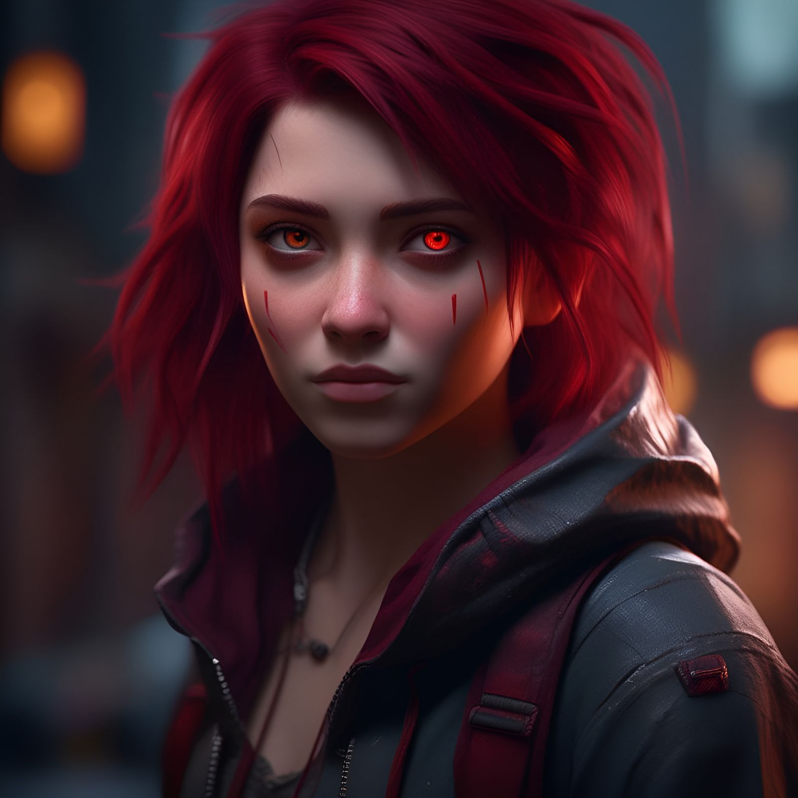 Burgundy-Haired Tomboy with Red Eyes: Fantasy Concept Art