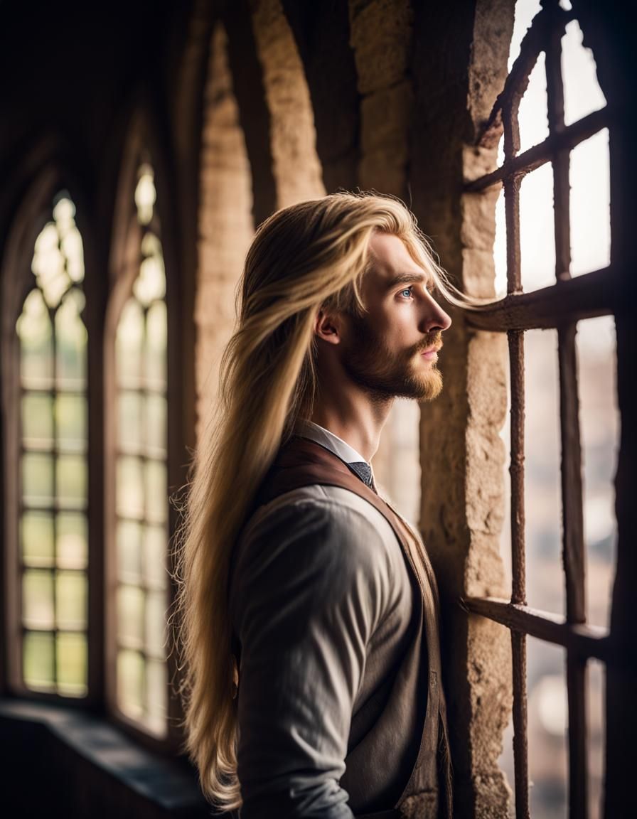 Attractive Male Rapunzel in Tower with Long Hair