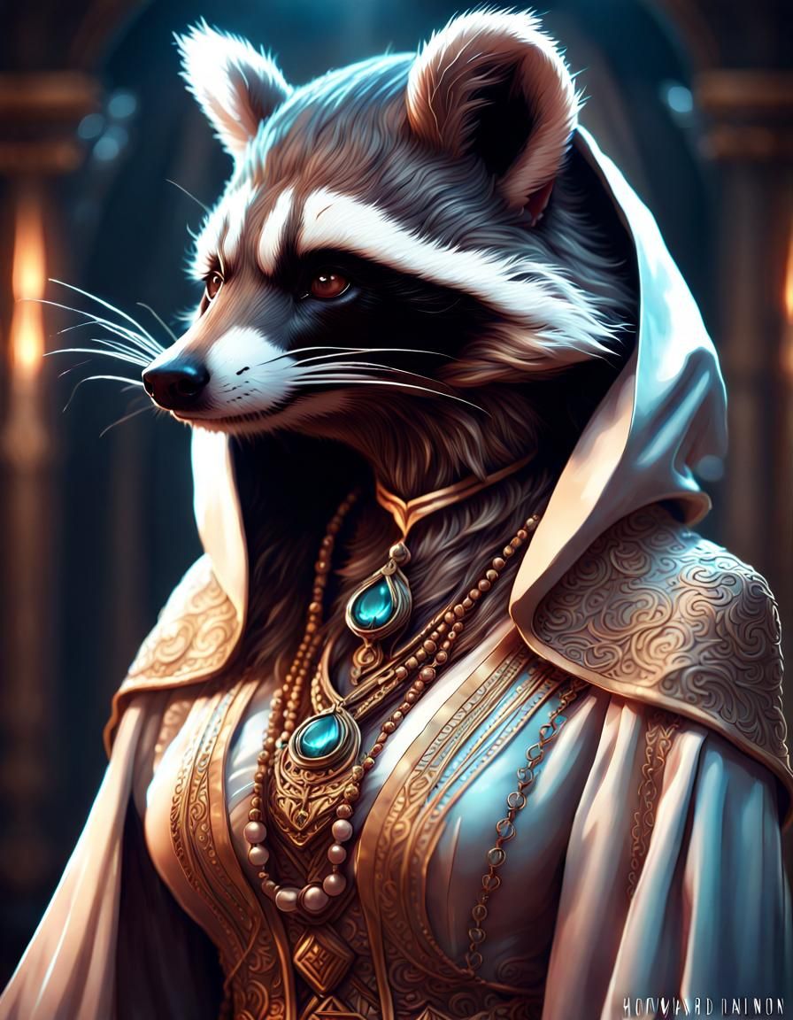 A Female Anthro Raccoon Priestess