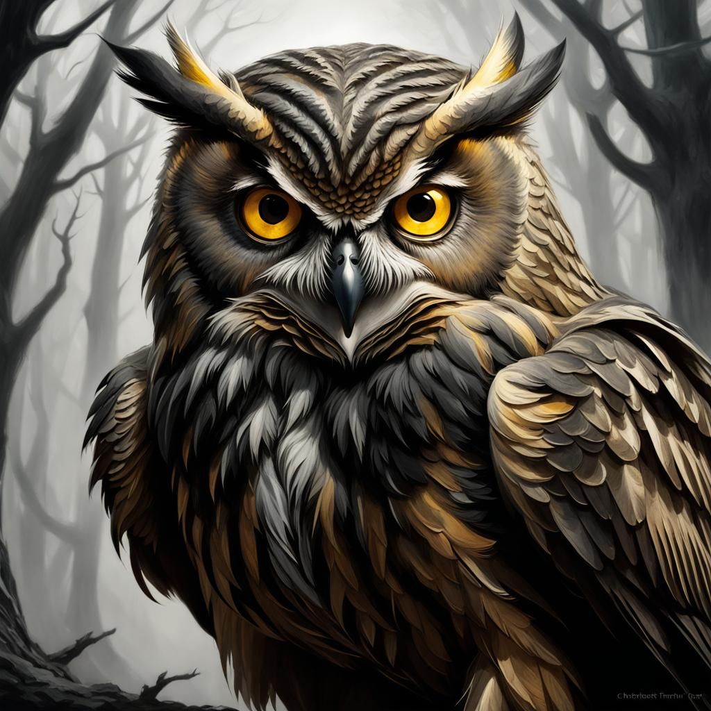 Evil Owl Monster in Charcoal Sketch Style