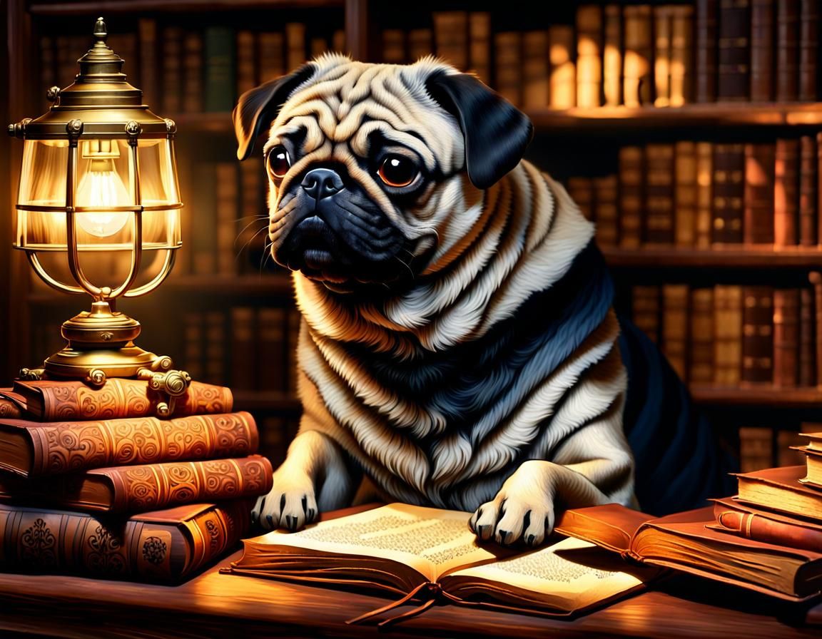 Pug Portrait in Library with Ancient Books