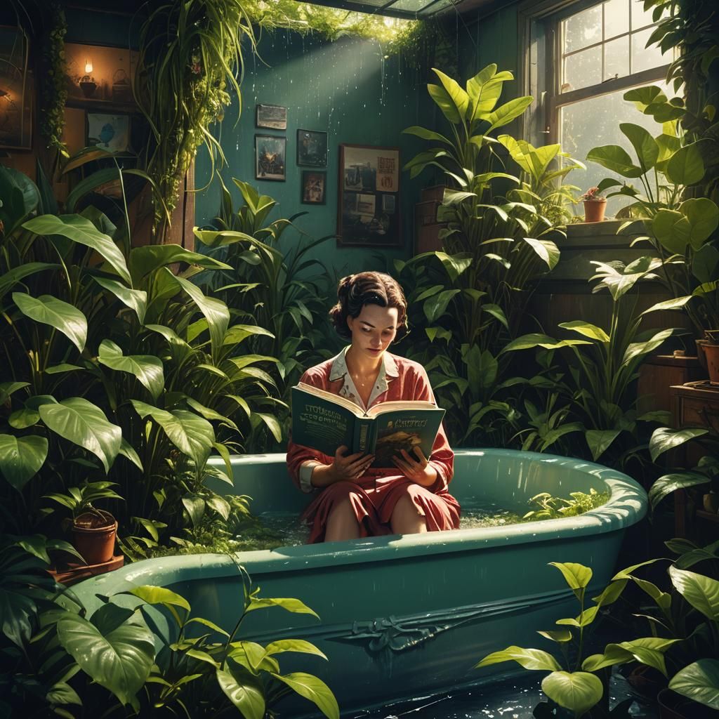 1950s Woman Reading in Bathtub, Simon Stalenhag Style