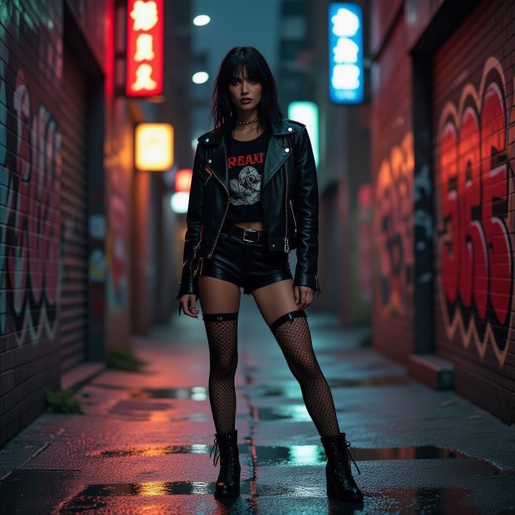 Androgynous Figure in Neon Alleyway, Earthy Tone Photography