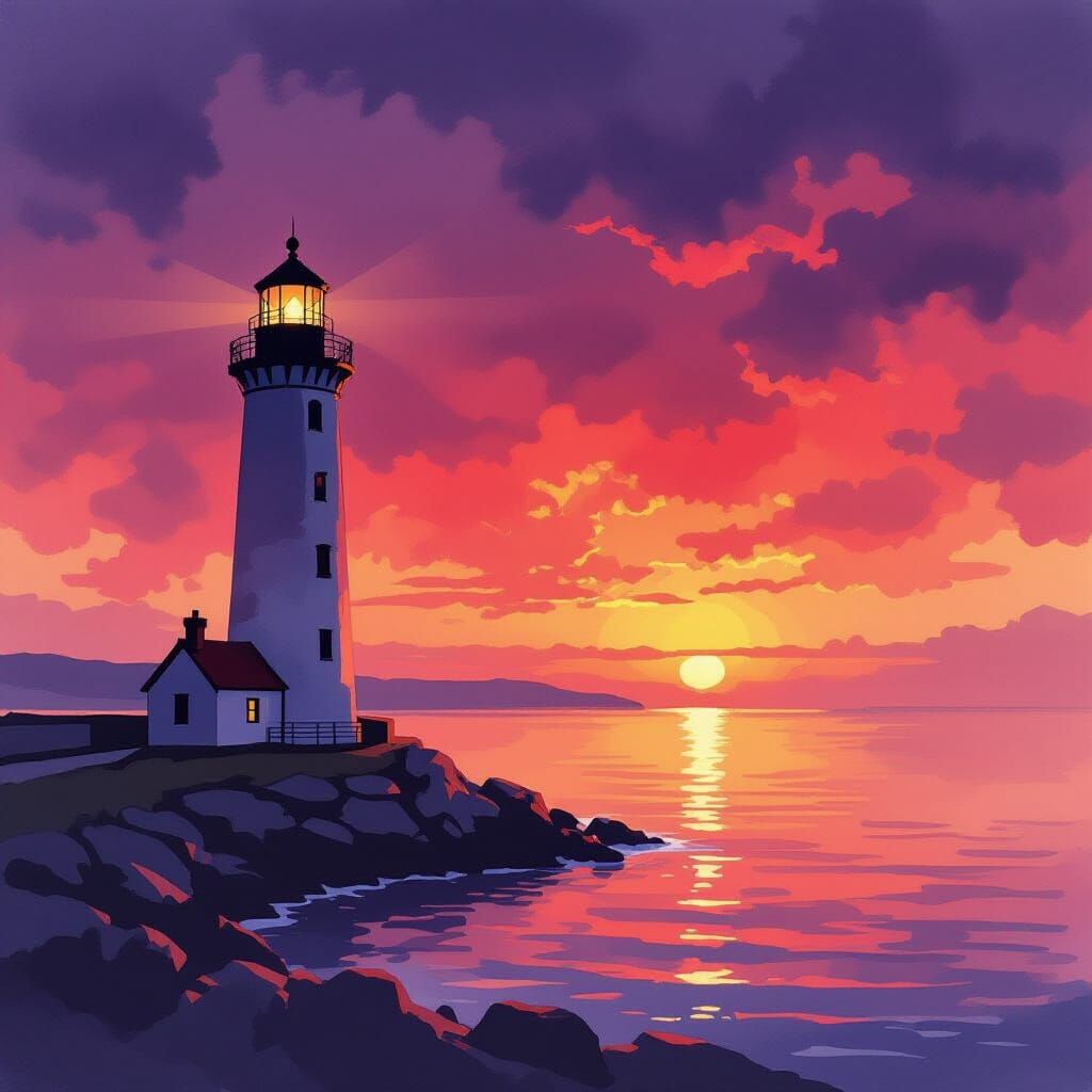 Lighthouse at Sunset Over Calm Sea in Watercolor Style