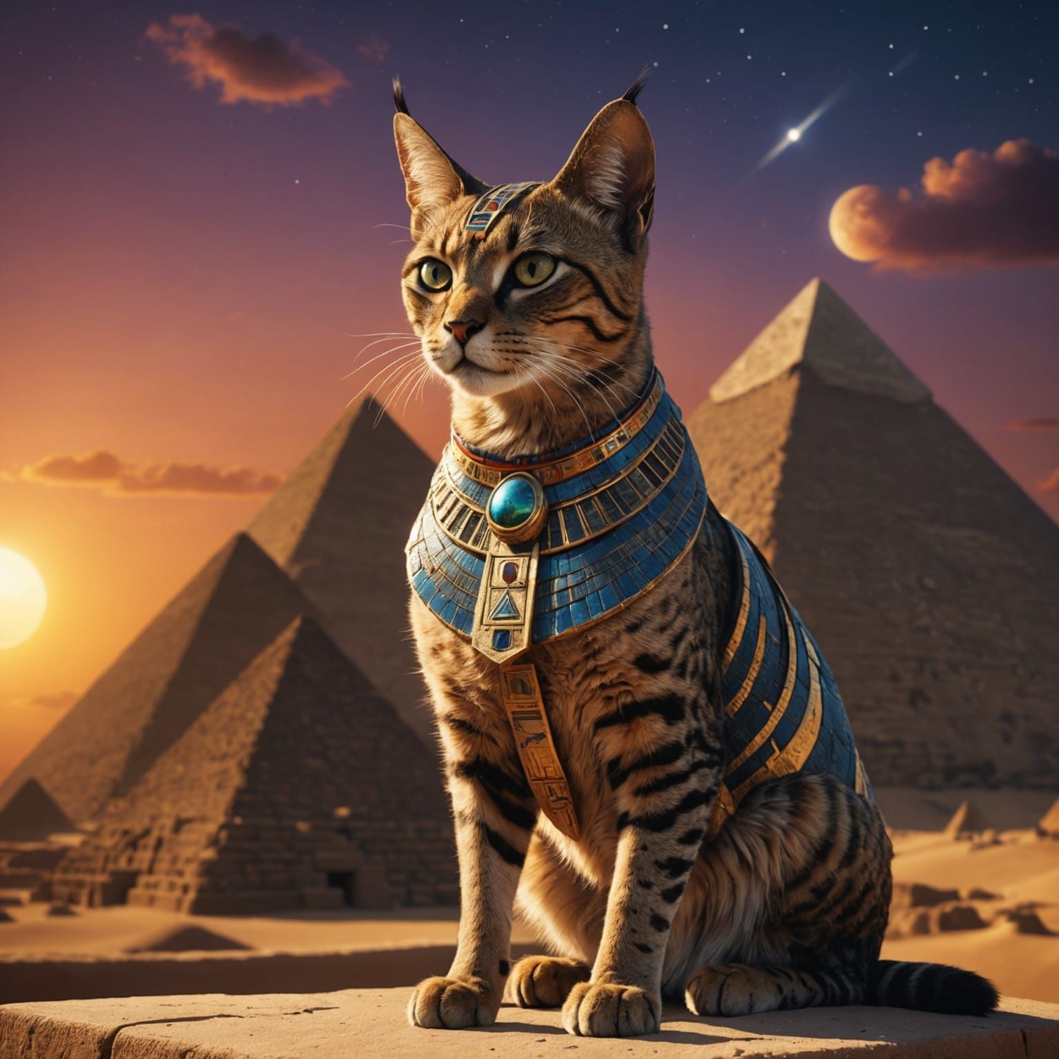 Egyptian Cat in Royal Regalia with Cosmic Sunset