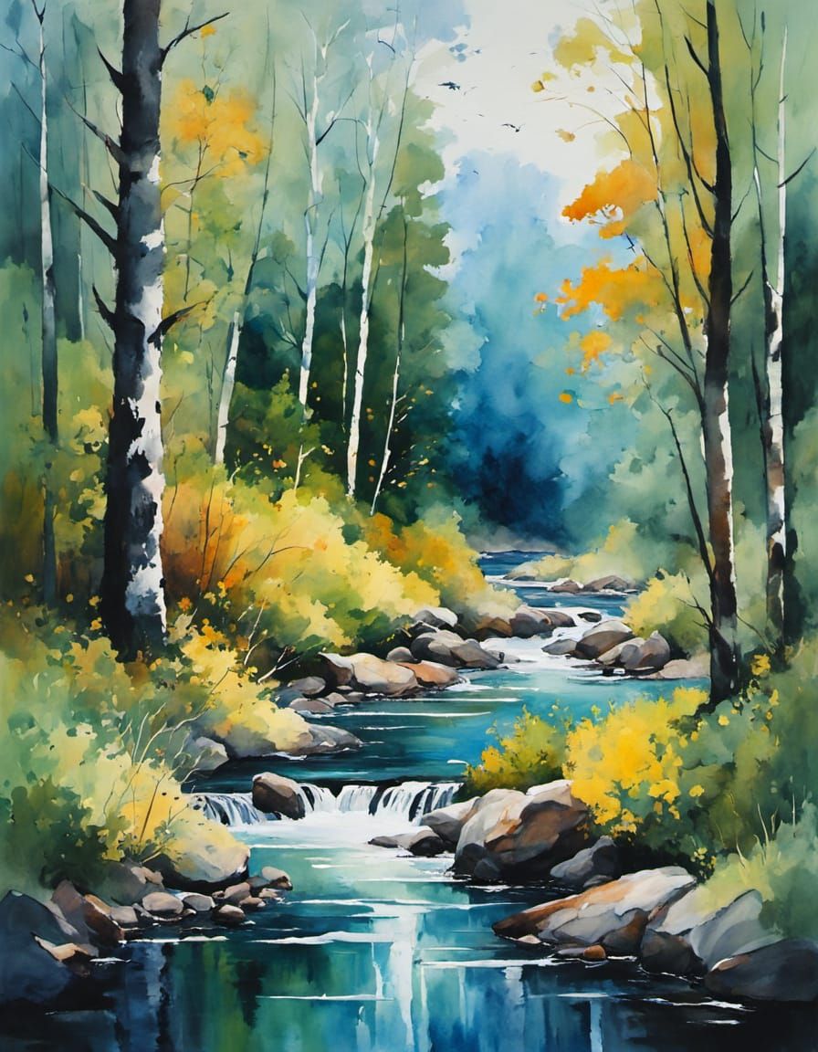 Impressionist Watercolor of Brook in Forest Landscape