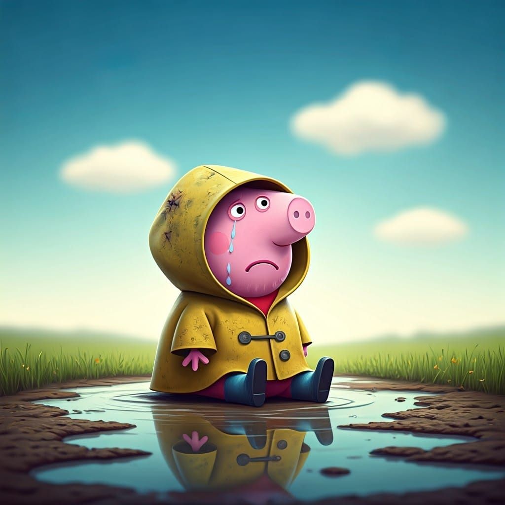 Sad Peppa Pig Alone in Puddle, Pixar Style