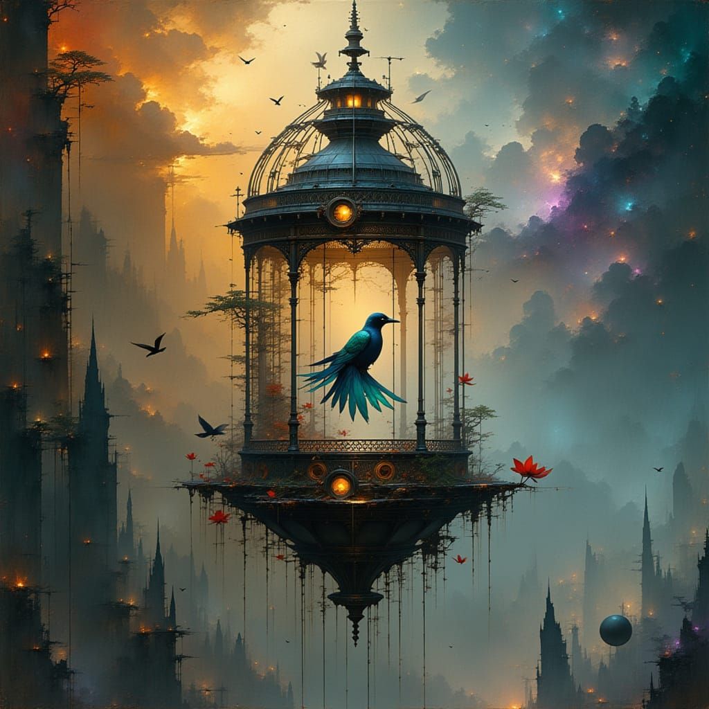 Cosmic Clockwork Birdcage with Starlight Bird