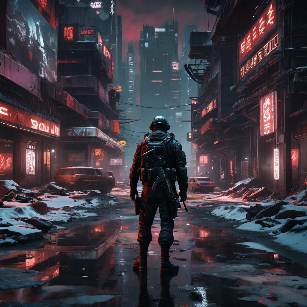 Cyberpunk Soldier in Snow-Covered Cityscape