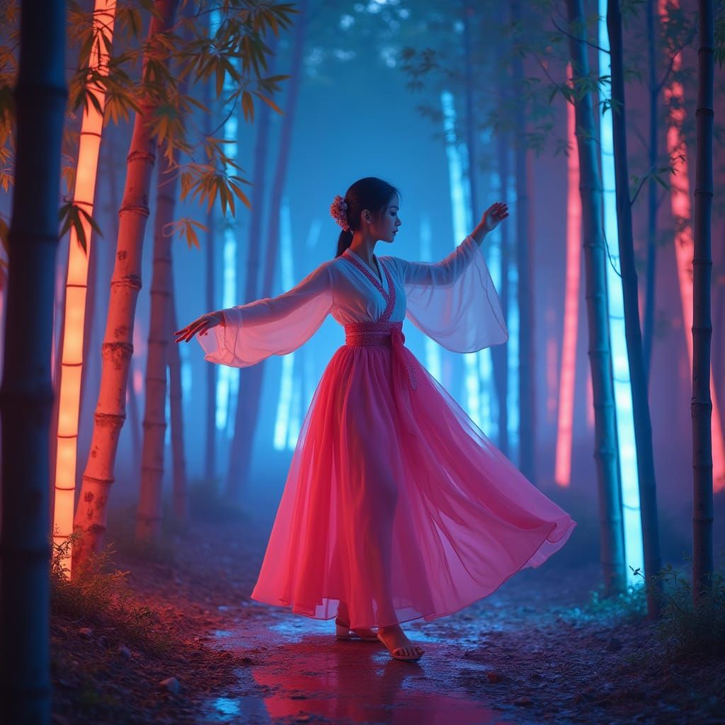 Korean Girl Dances in Neon Bamboo Forest: Pointillism