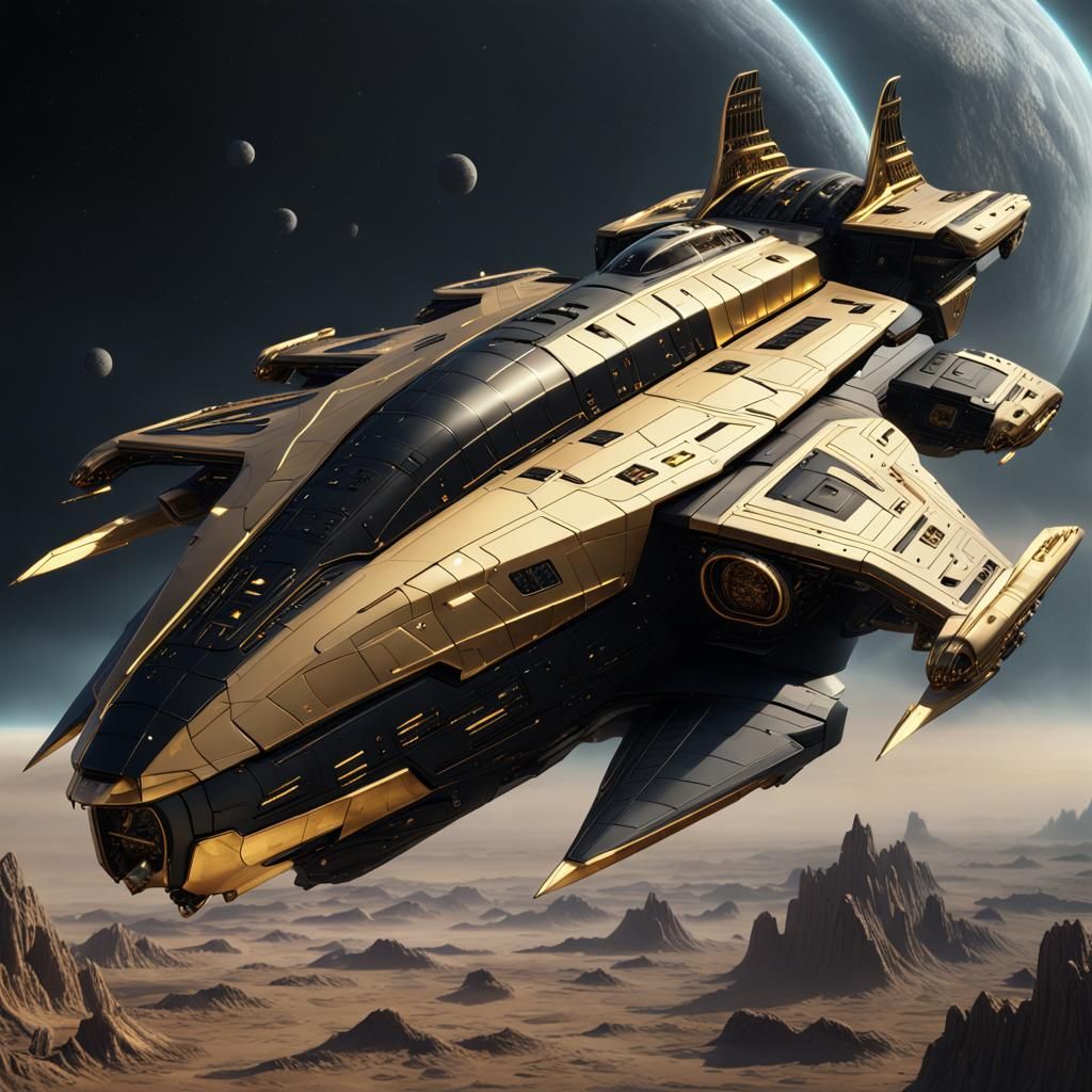 Black and Gold Stealth Cruiser Spaceship in Detailed Matte P...