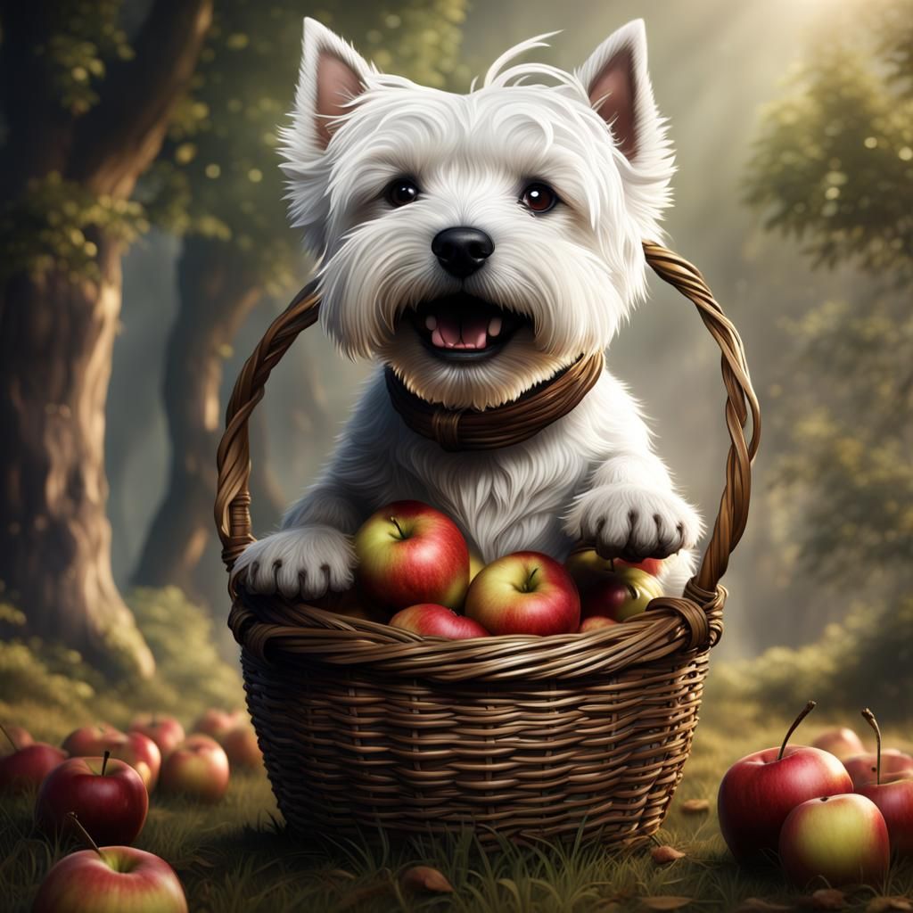 Westie Carries Apples in Mouth: Fantasy Concept Art