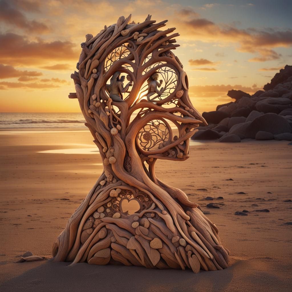 Driftwood Woman Sculpture with Heart Motifs