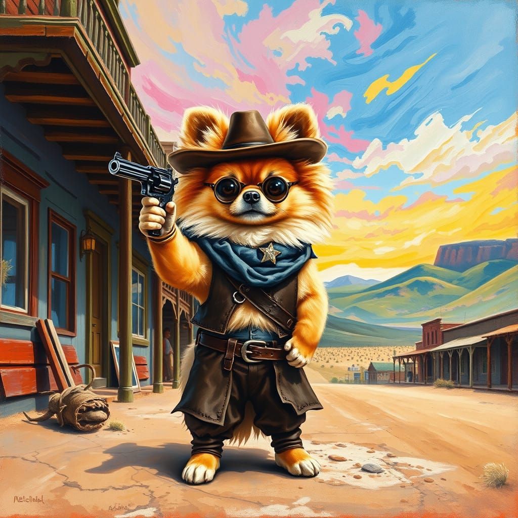 Pomeranian Gunslinger in Distressed Leather