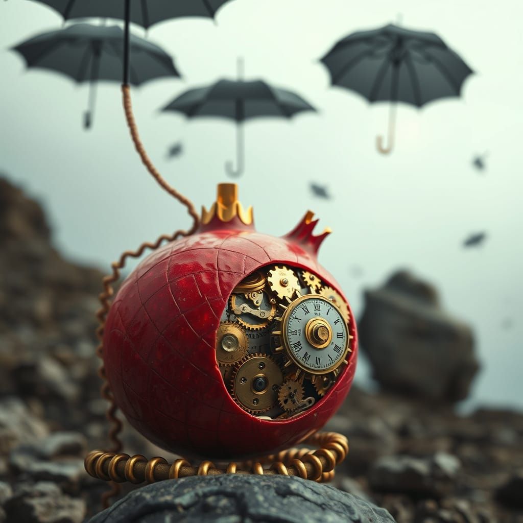 Surreal Pomegranate Clockwork with Dystopian Elements