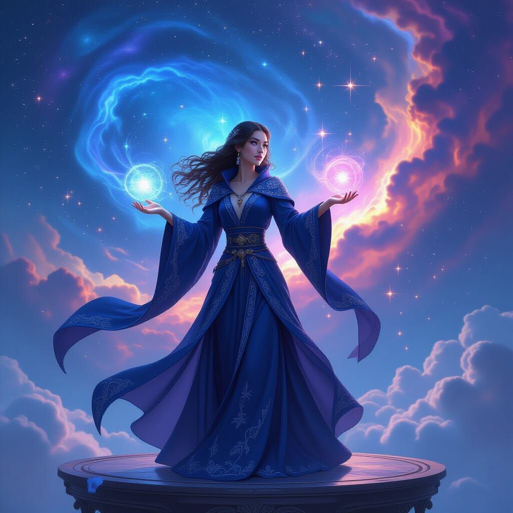 Sorceress Controls Galaxy in Digital Matte Painting Style