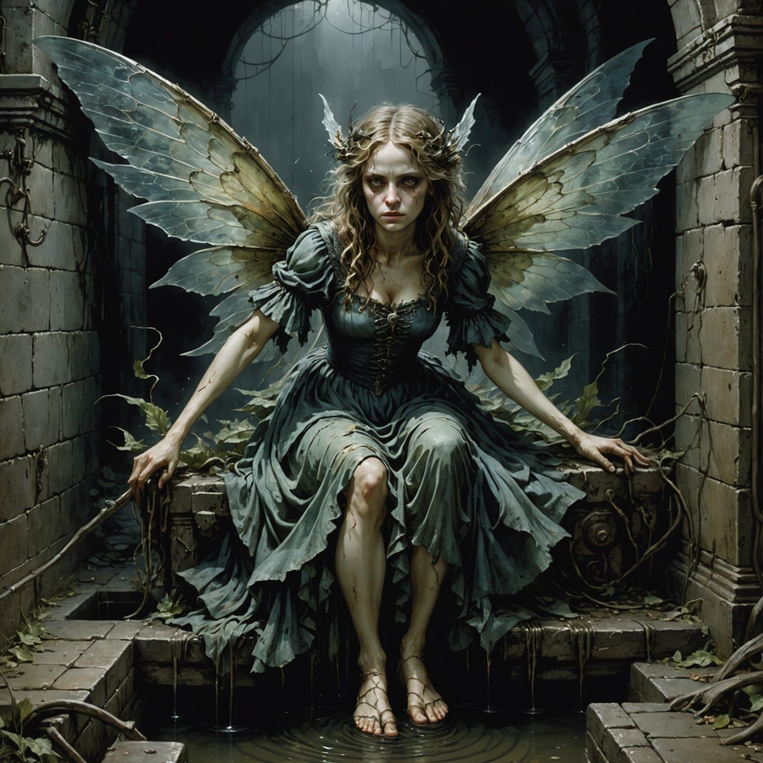 Sinister Fairy Squatting in Drain: Horror Art
