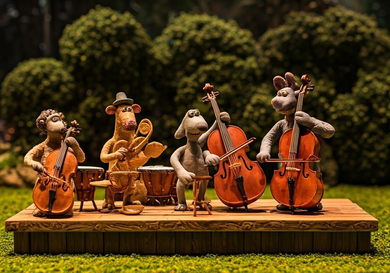 Whimsical Claymation Orchestra in Rustic Setting