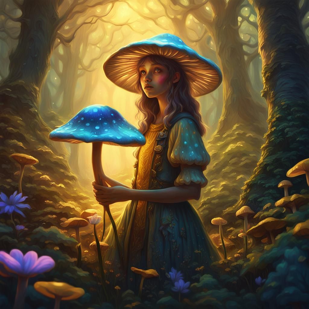 Mushroom Girl in Mystical Forest, Vibrant Oil Painting