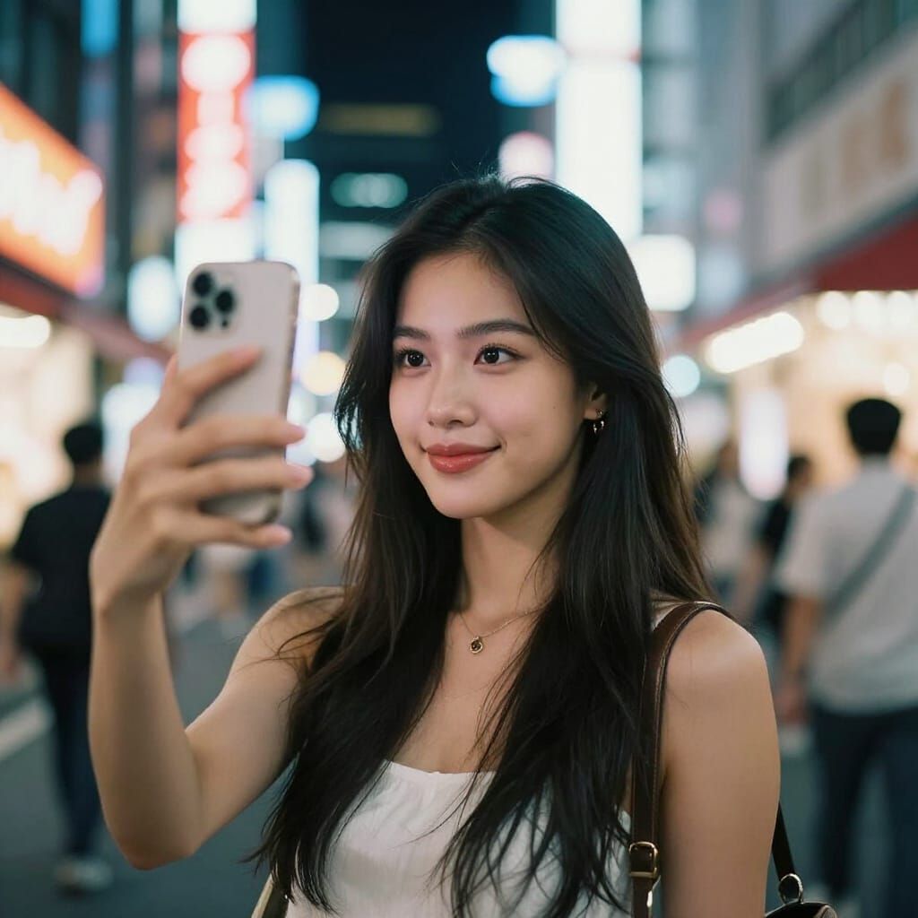 Young Thai Woman Takes Selfie on Neon Tokyo Street