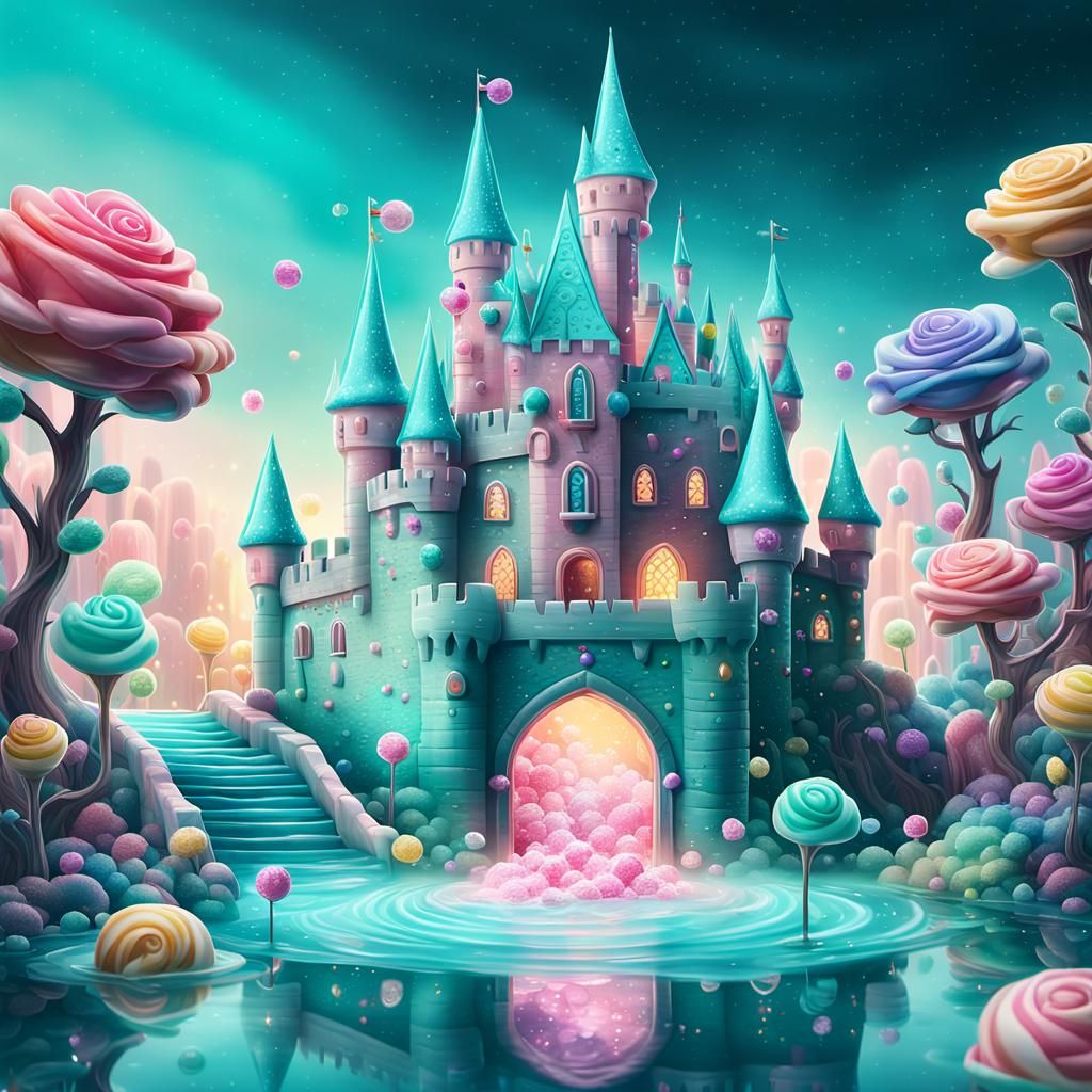 Teal Rose Castle with Monster in Candy Art Style