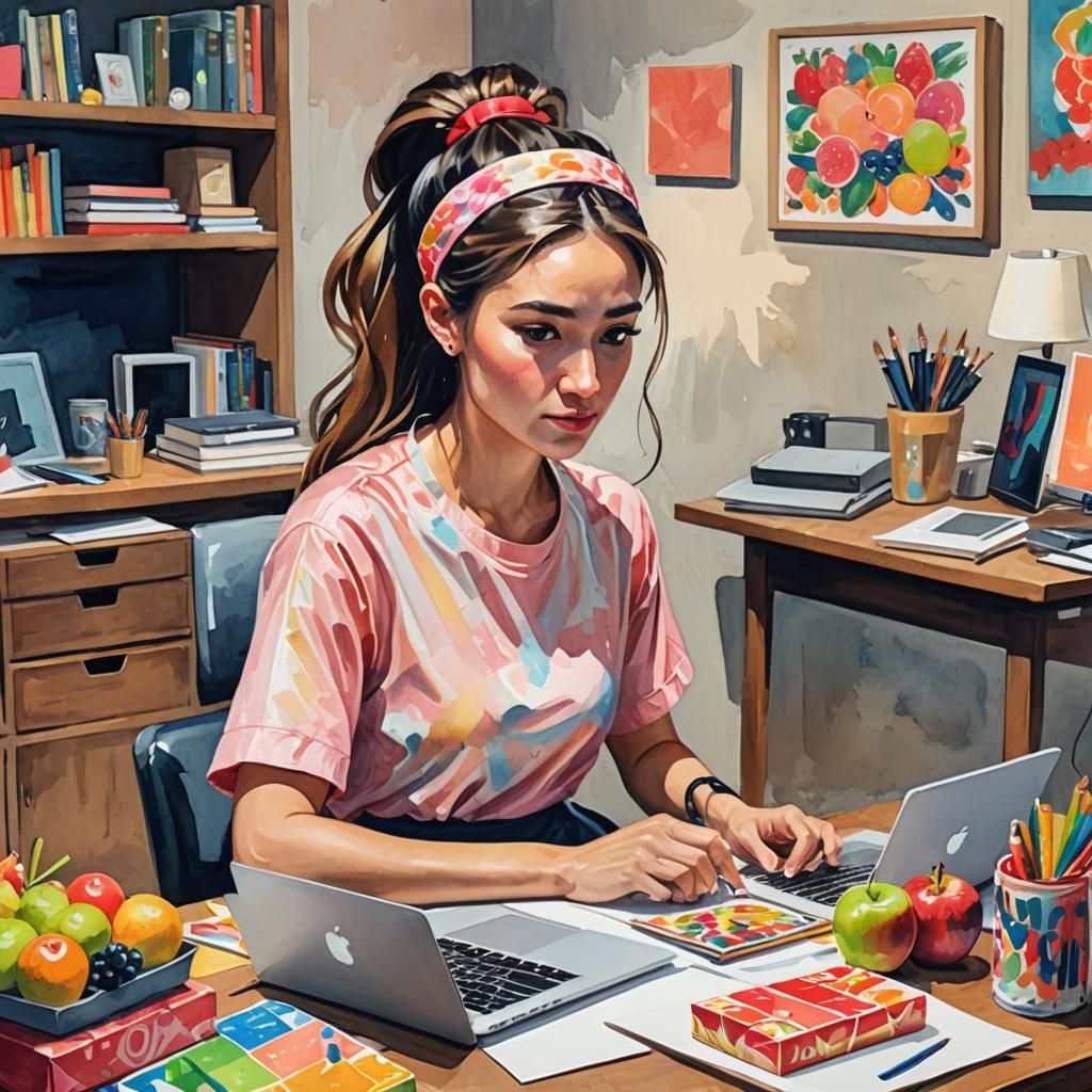 Cartoon Girl Opening Gift Box: Gouache Watercolor Style