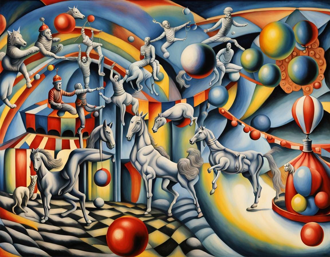 circus scene ring, trapeze artists, clowns, trained horses a...