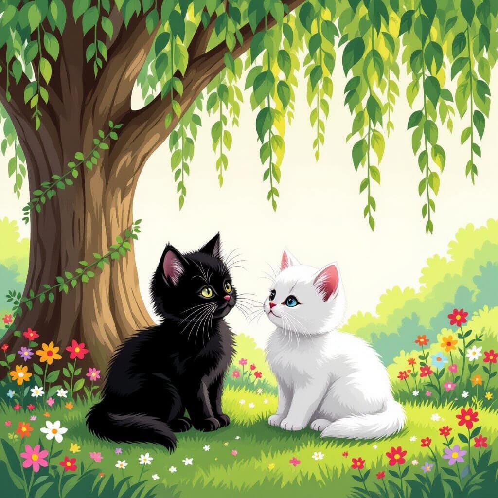 Kittens Under Willow Tree in Storybook Style