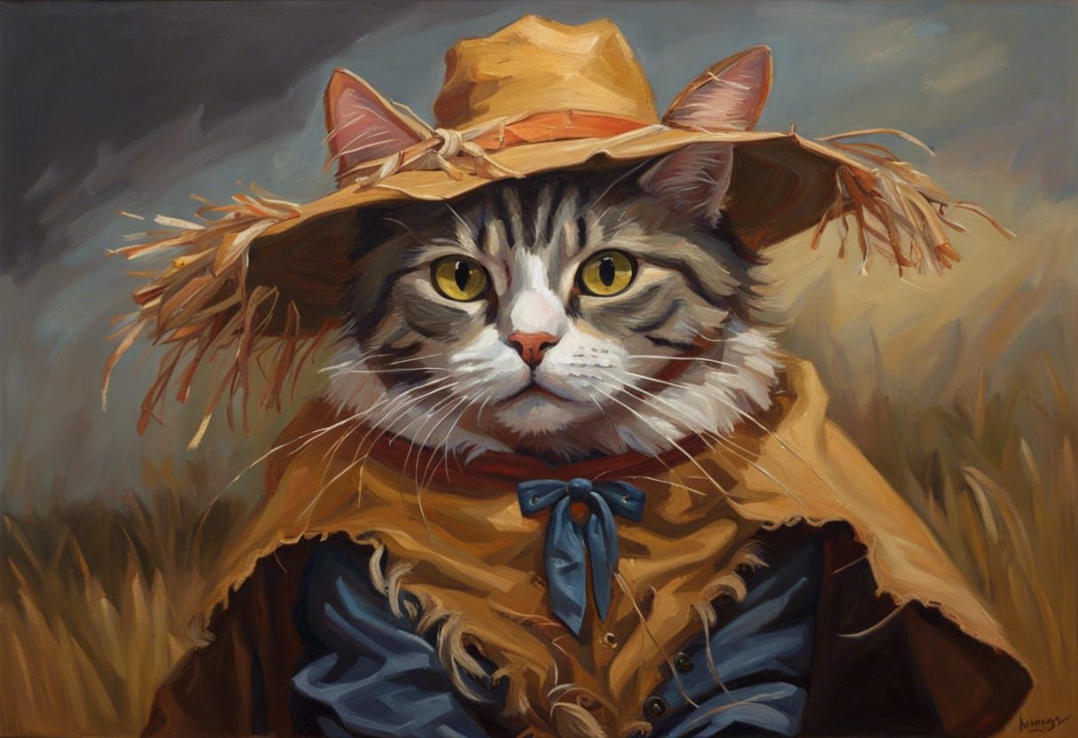Cat as Scarecrow: Hyperrealist Oil Painting