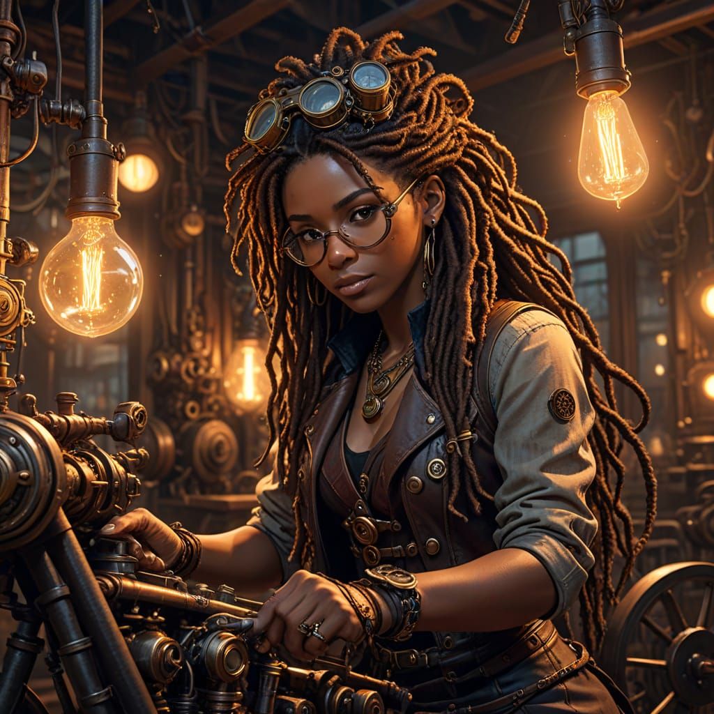 Steampunk Caribbean Inventress Assembles Brass Gear Bike