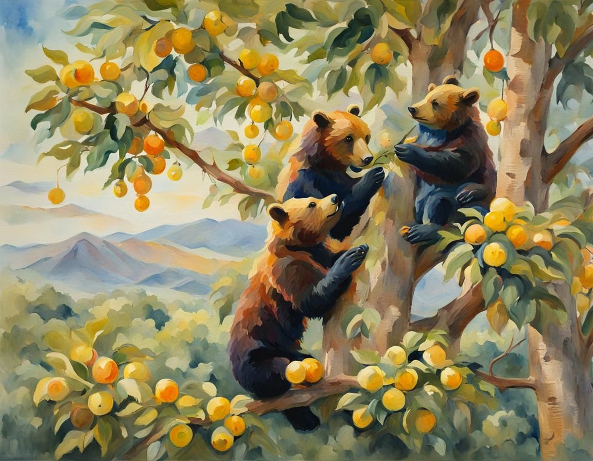 Bears Eating Honey in Gouache Style